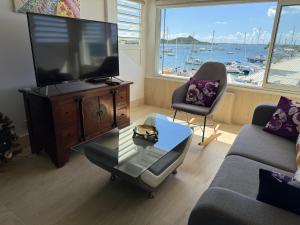 a living room with a flat screen tv and a couch at Brise Marine Sxm in Marigot