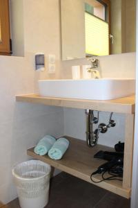 een badkamer met een wastafel en 2 handdoeken op een plank bij Haus Alpina & Landhaus Schöpf in Längenfeld