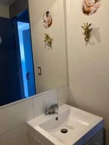 a bathroom with a white sink and a mirror at La Herradura Mágica descansa y disfruta en familia in Coquimbo