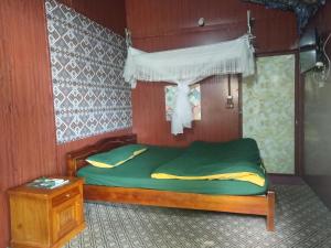 a bedroom with a green bed with a window at ha giang loop & tour in Bản Kin