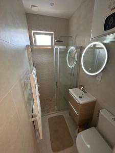 a bathroom with a shower and a toilet and a sink at L&A Appartement in Montargis