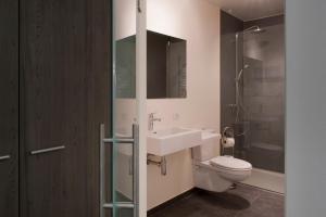 La salle de bains est pourvue de toilettes, d'un lavabo et d'une douche. dans l'établissement Feestzaal De Kroon, à Dixmude