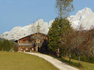 una grande baita di tronchi con montagne sullo sfondo di Appartement Ginschel a Altenmarkt im Pongau