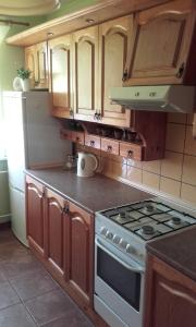 una cucina con armadi in legno e piano cottura. di Apartament Rodzinny w Kaliszu a Kalisz