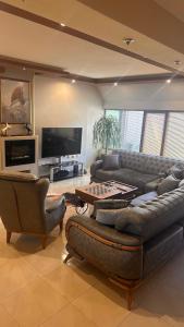 桑丹斯基Мезонет “Djanina”的客厅里有沙发、椅子和电视