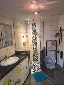 een badkamer met een wastafel en een douche bij Zoe's Ferienwohnung in Tulfes