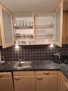 een keuken met witte kasten en een spoelbak bij Zoe's Ferienwohnung in Tulfes +16 foto's