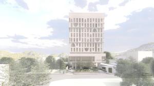 een weergave van een wit gebouw met bergen op de achtergrond bij ARTOTEL Leguna Magelang in Magelang