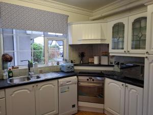 a kitchen with white cabinets and a sink and a window at Fjell2Sea in Newcastle