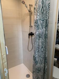 een douche met een douchegordijn in de badkamer bij atelier couture in Reiningue