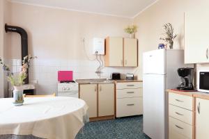kuchnia ze stołem i białą lodówką w obiekcie Apartman Davorka w mieście Karlobag