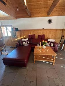 HinwilPanorama-Chalet Unterbach的客厅里有一张沙发和一张咖啡桌。