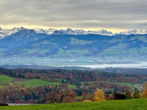 a view of a valley with mountains and a lake at Panorama-Chalet Unterbach in Hinwil