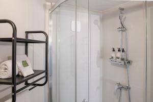 ein Badezimmer mit Dusche mit Glastür in der Unterkunft Le Chat De Lamartine - Clim Parking in Saint-Pierre-dʼAlbigny + 19 Fotos