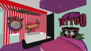 een slaapkamer met een roze en paars bed en een spiegel bij Capsule Tattoo Love in Douai