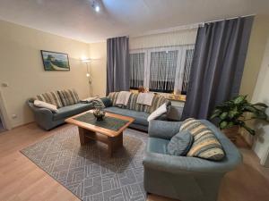 a living room with two couches and a coffee table at EifelRuhe 3 in Hellenthal - ideal für Familien und Paare mit Hund - voll ausgestattete Küche und zwei Schlafzimmer in Hellenthal