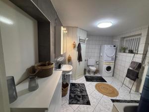 a bathroom with a sink and a washing machine at EifelRuhe 3 in Hellenthal - ideal für Familien und Paare mit Hund - voll ausgestattete Küche und zwei Schlafzimmer in Hellenthal