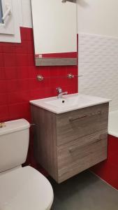 une salle de bain avec des toilettes blanches et un lavabo dans l'établissement Studio mignon en plein centre de Vichy, à La Celle-sous-Gouzon