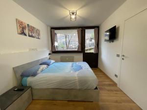 een slaapkamer met een bed en een televisie. bij La Casa di Paolo - Monolocale ristrutturato con vista sulle montagne in Caspoggio