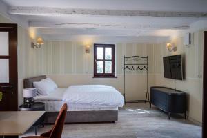 a bedroom with a bed and a television in it at Apartmaji Hiša kranjske čebele in Višnja Gora
