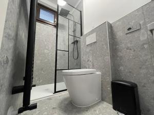 een badkamer met een douche en een toilet. bij La Casa di Paolo - Monolocale ristrutturato con vista sulle montagne in Caspoggio +16 foto's