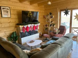 een woonkamer met een bank en een open haard bij Domek w sam las in Ochotnica Dolna