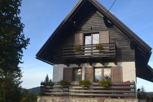 a house with windows and potted plants on the steps at Mountain Chalet & Spa Makov Hrib in Makov Hrib