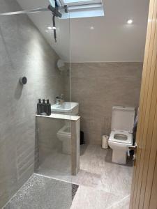 een badkamer met een wit toilet en een wastafel bij The Old Pitman's house in Ollerton +13 foto's