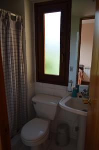 a bathroom with a toilet and a sink and a window at Departamento Pucon in Pucón