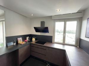 a kitchen with a counter top and two windows at Atypaluxe Appartement 3 chambres in Épinal