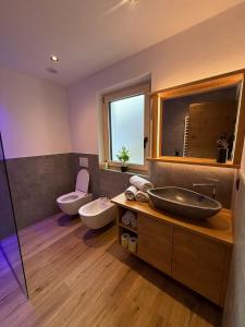 een badkamer met een wastafel, een toilet en een spiegel bij AurAlpin Apartments in Cadipietra
