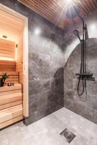 bagno con doccia e cabina doccia di Levin Lyhty Dawn D4 by Hilla Villas a Kittilä
