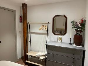 a bedroom with a dresser with a mirror and a vase at Les Rives du vignoble in Ingersheim +13 photos