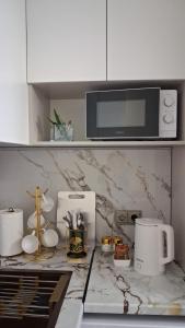 a kitchen with a counter top with a microwave at Rams city квартира in Zhezdi