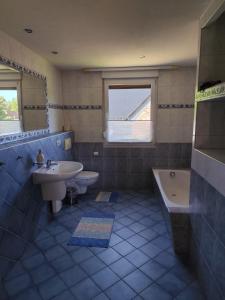 een blauwe en witte badkamer met een wastafel en een bad bij Ferienhaus am See in Godendorf +19 foto's