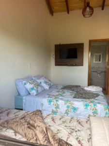 a bedroom with two beds and a tv on the wall at Recanto Boa Vista - Chalé 1 in São Thomé das Letras