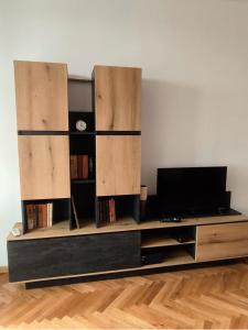 een boekenplank met een tv erop bij MIA Apartment in Yambol