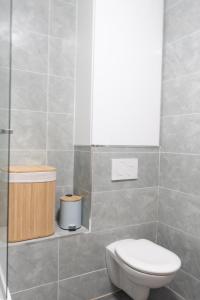 a bathroom with a white toilet and a shower at Le Van G-Home in Auvers-sur-Oise
