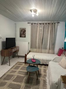 a living room with a bed and a table at Garden house in Arta