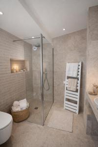 a bathroom with a shower and a toilet and a sink at Pop villa in La Celle-sous-Gouzon