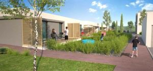 a rendering of a house with people standing in a yard at Les Bastides in Mimizan