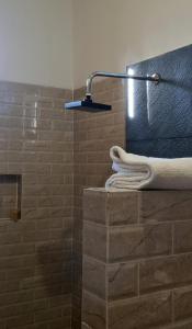 a bathroom with a shower with a towel on a counter at Dharma Yoga Guest House Amed in Amed
