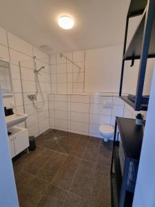 a bathroom with a shower and a toilet and a sink at Ferienwohnung Euchen 2 in Würselen