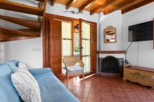 een woonkamer met een blauwe bank en een open haard bij La Llosona in Caño