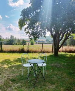 un tavolo e due sedie seduti accanto a un albero di Cottage de Vardes a Neufmarché