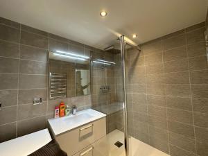 a bathroom with a shower and a sink and a mirror at T3 proche aéroport in Saint-Jacques-de-la-Lande +5 photos