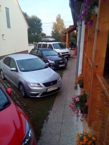 een rij geparkeerde auto's geparkeerd naast een gebouw bij Herkules Panzió in Nagykanizsa