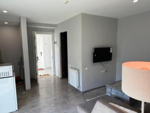 een woonkamer met een flatscreen-tv aan de muur bij New Gudauri Loft 2 in Goedaoeri