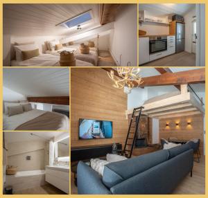 eine Collage mit Fotos von einem Schlafzimmer und einem Wohnzimmer in der Unterkunft Le Cocon Alpin I Megève in Megève