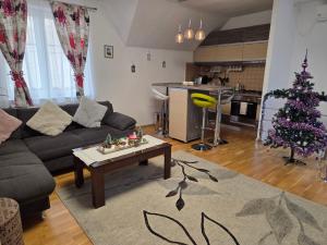 a living room with a christmas tree and a couch at Smiley Apartment in Sibiu